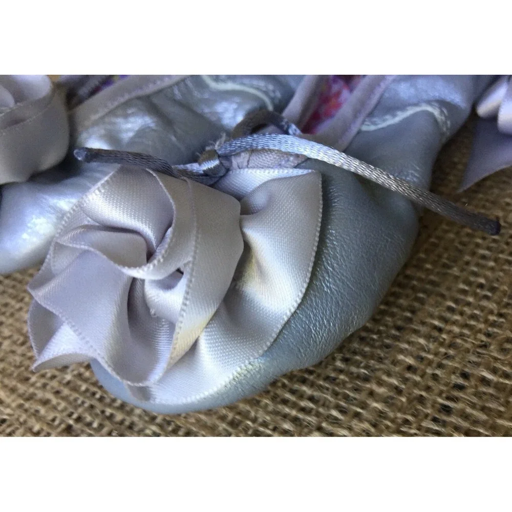 Kamara Toddler Girls Size 10 Gray Silver Leather Ballet Slippers Satin Ribbon